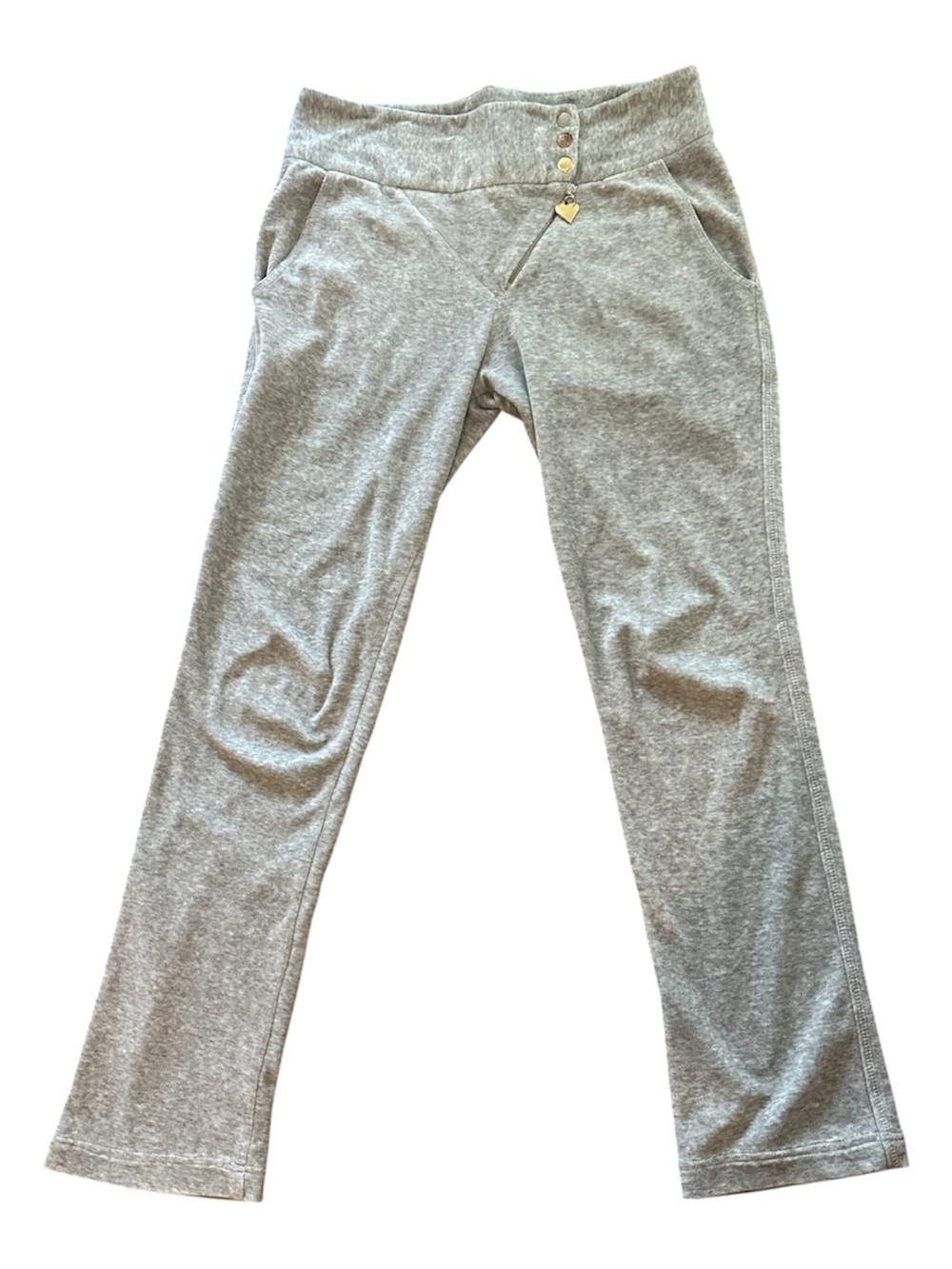 Vintage FARM Rio Grey Velour Low Rise Flare Pants Y2K 2000s Heart Charm Snaps
